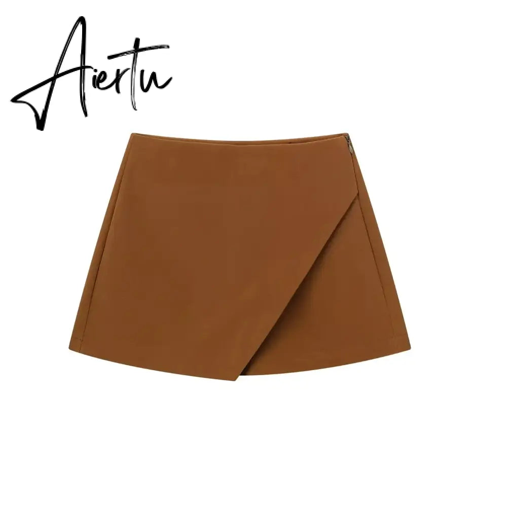 Women Fashion Casual Mini Asymmetrical Skirts Shorts High Waist Back Pockets Wide Leg Skirts Zipper Female Shorts Aiertu