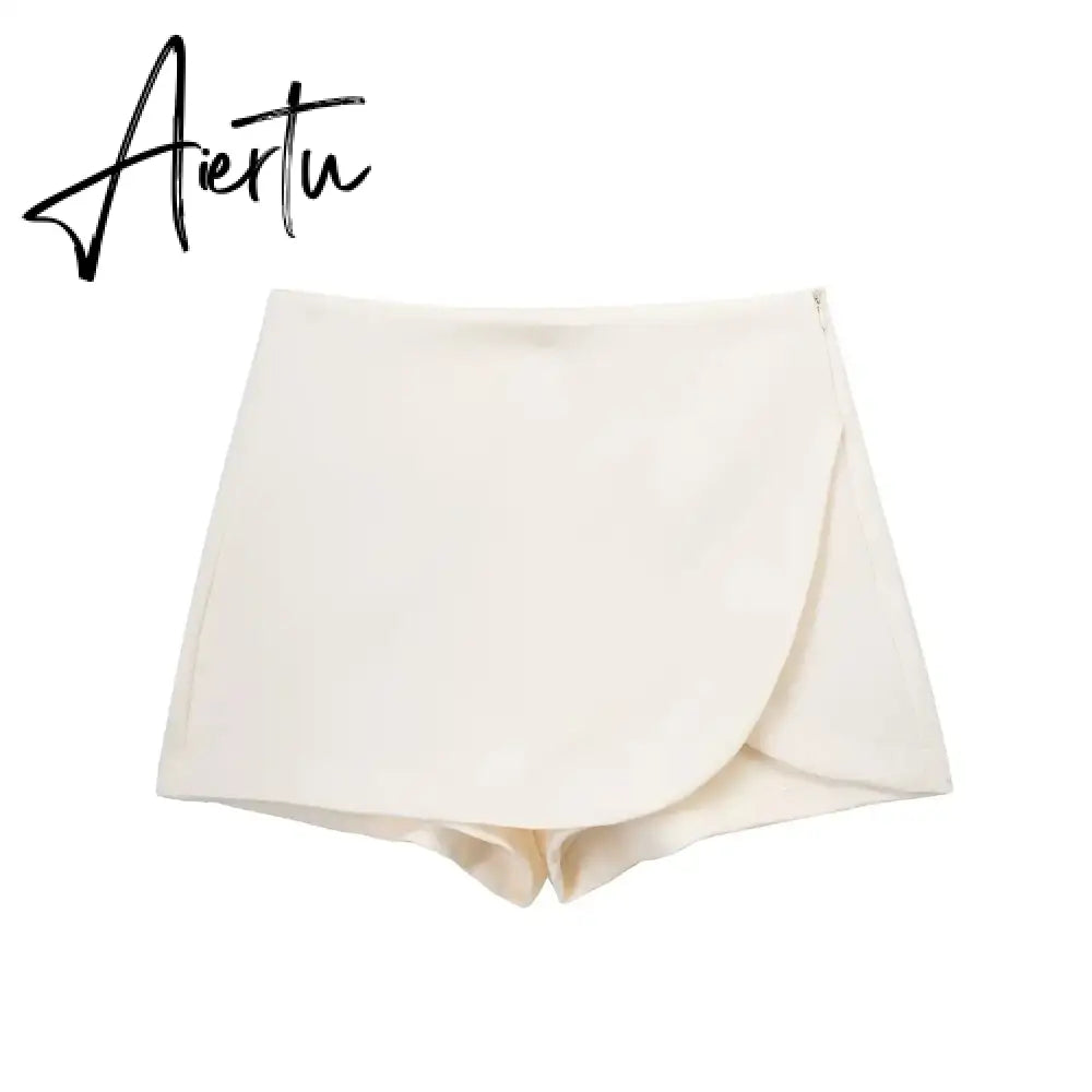 Women Fashion Casual Mini Asymmetrical Skirts Shorts High Waist Back Pockets Wide Leg Skirts Zipper Female Shorts Aiertu