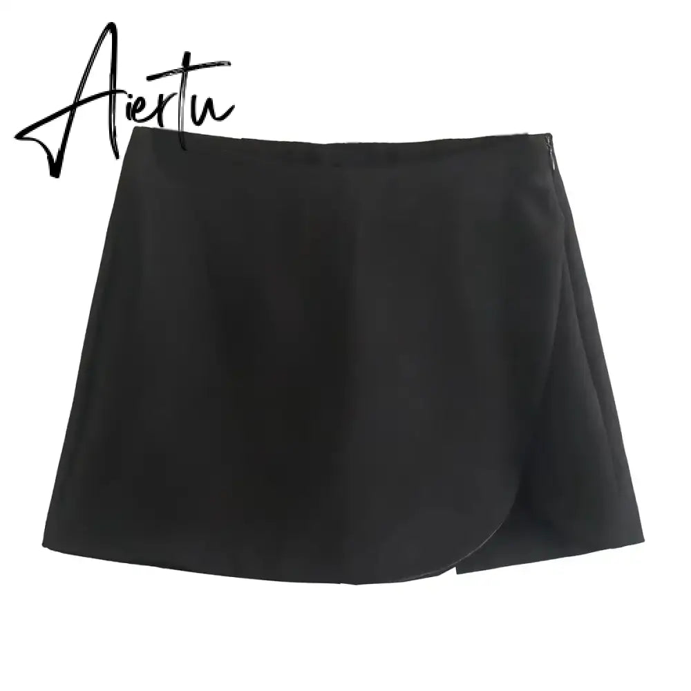 Women Fashion Casual Mini Asymmetrical Skirts Shorts High Waist Back Pockets Wide Leg Skirts Zipper Female Shorts Aiertu