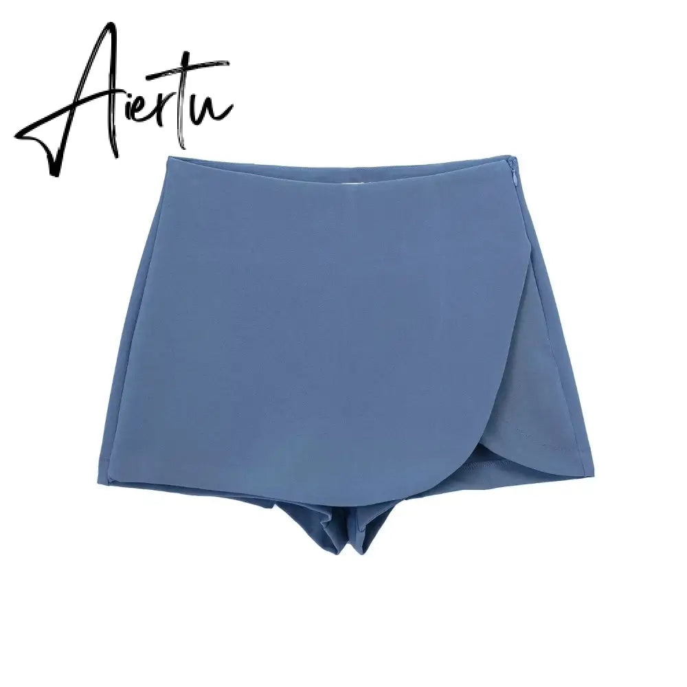 Women Fashion Casual Mini Asymmetrical Skirts Shorts High Waist Back Pockets Wide Leg Skirts Zipper Female Shorts Aiertu