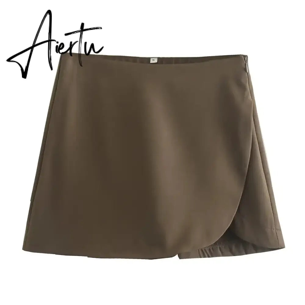 Women Fashion Casual Mini Asymmetrical Skirts Shorts High Waist Back Pockets Wide Leg Skirts Zipper Female Shorts Aiertu