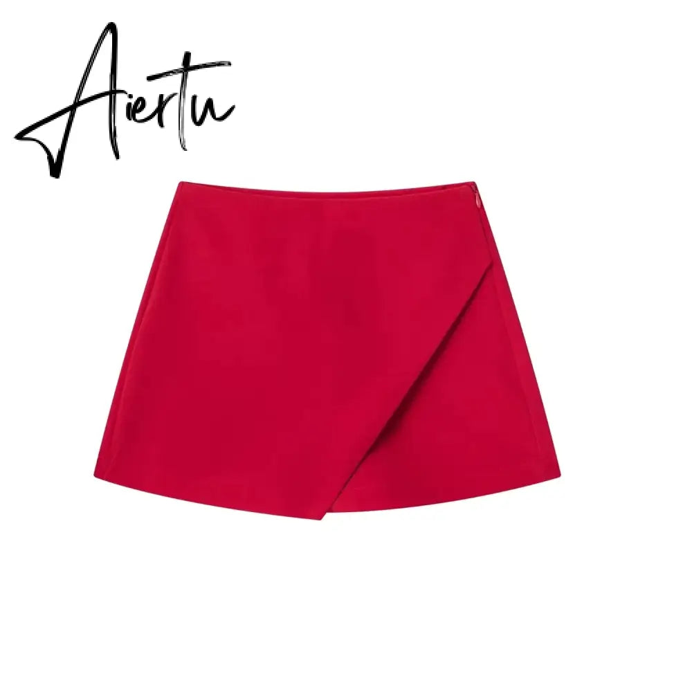 Women Fashion Casual Mini Asymmetrical Skirts Shorts High Waist Back Pockets Wide Leg Skirts Zipper Female Shorts Aiertu