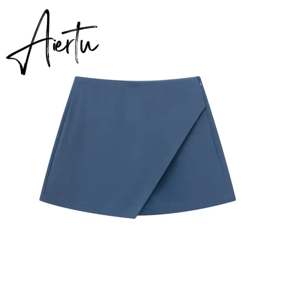 Women Fashion Casual Mini Asymmetrical Skirts Shorts High Waist Back Pockets Wide Leg Skirts Zipper Female Shorts Aiertu