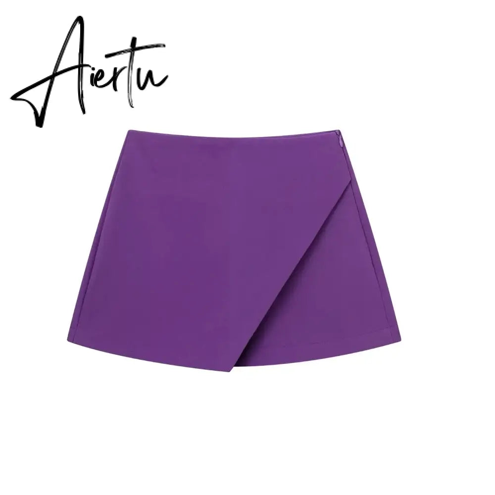 Women Fashion Casual Mini Asymmetrical Skirts Shorts High Waist Back Pockets Wide Leg Skirts Zipper Female Shorts Aiertu