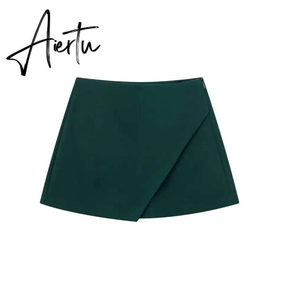 Women Fashion Casual Mini Asymmetrical Skirts Shorts High Waist Back Pockets Wide Leg Skirts Zipper Female Shorts Aiertu