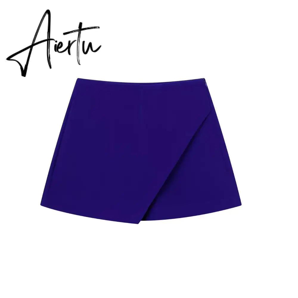 Women Fashion Casual Mini Asymmetrical Skirts Shorts High Waist Back Pockets Wide Leg Skirts Zipper Female Shorts Aiertu
