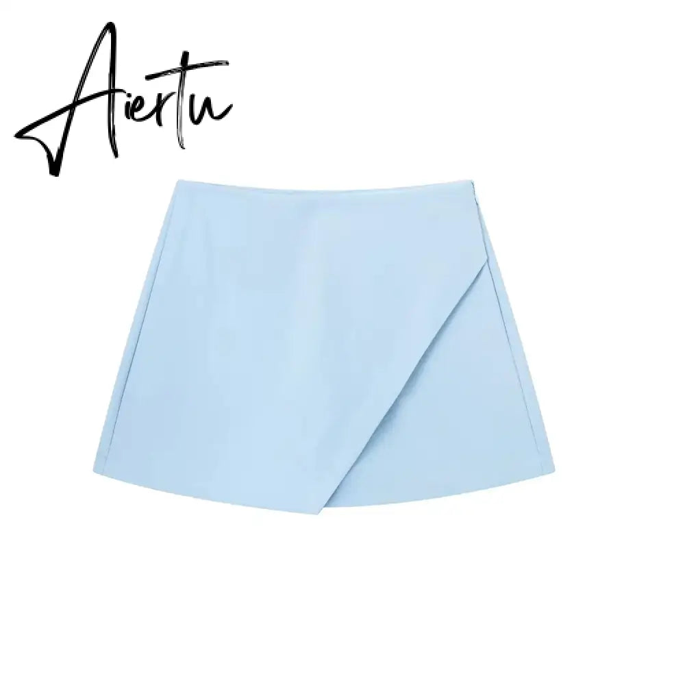Women Fashion Casual Mini Asymmetrical Skirts Shorts High Waist Back Pockets Wide Leg Skirts Zipper Female Shorts Aiertu