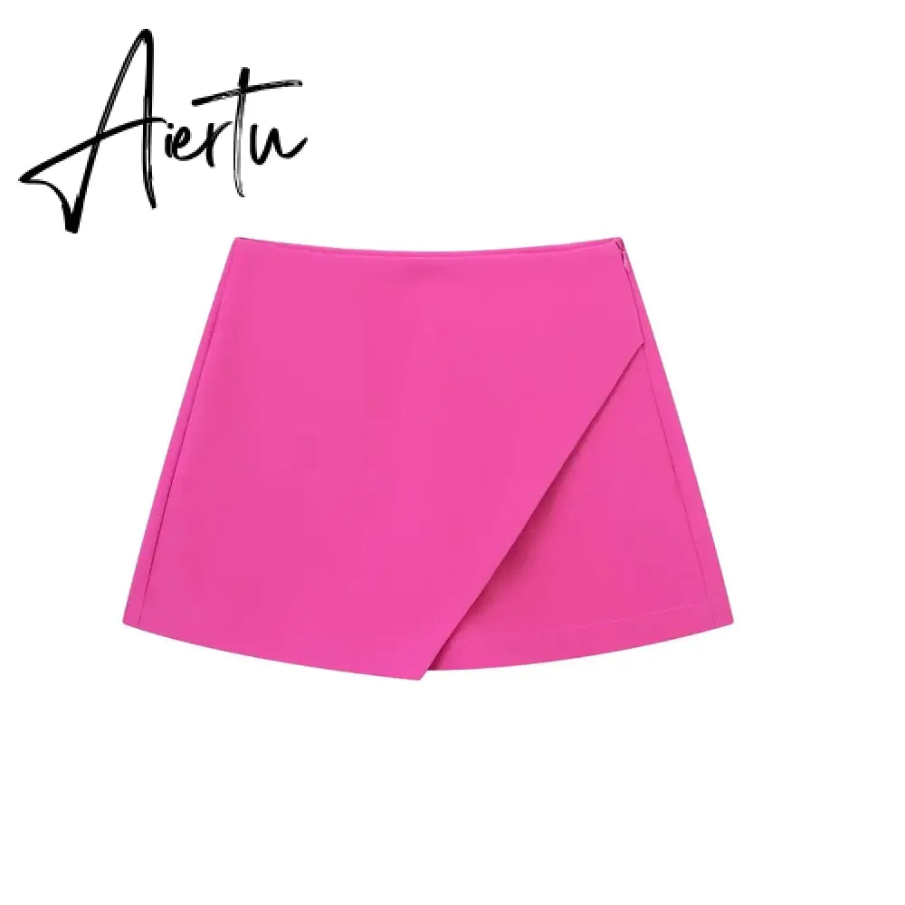 Women Fashion Casual Mini Asymmetrical Skirts Shorts High Waist Back Pockets Wide Leg Skirts Zipper Female Shorts Aiertu