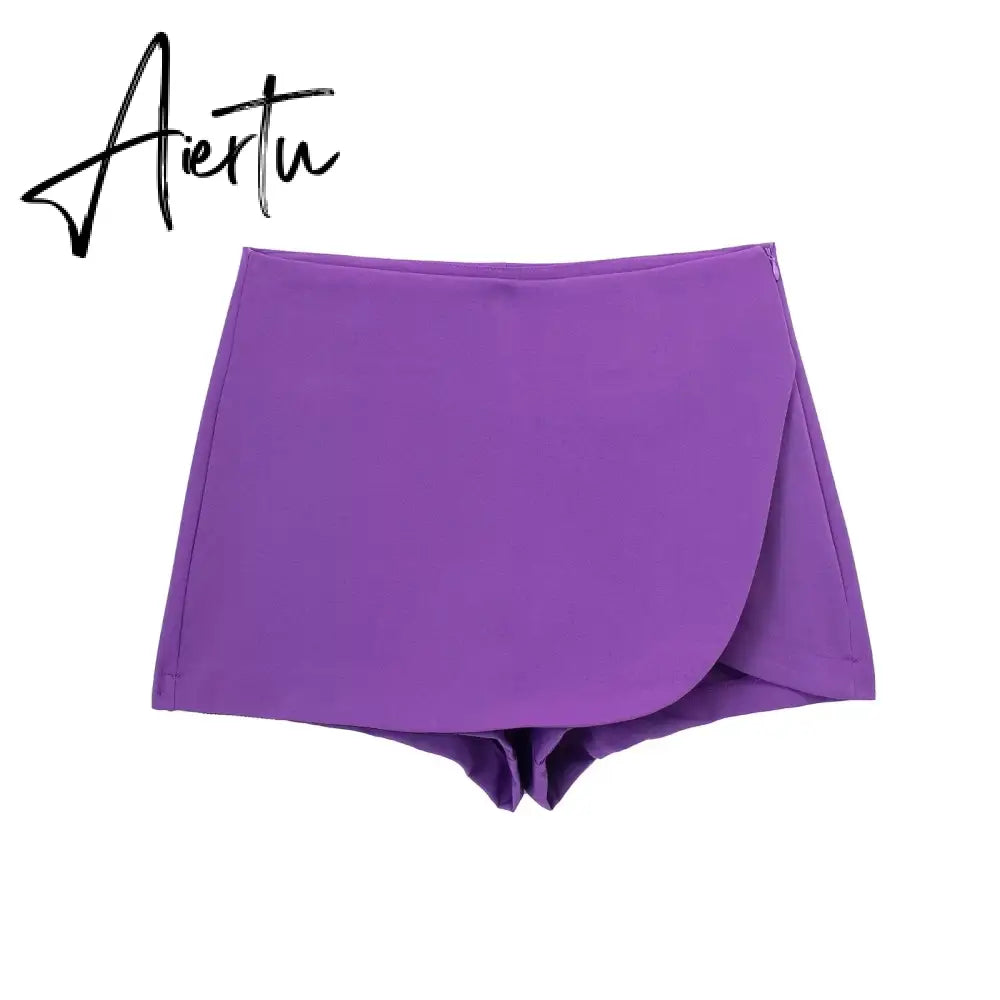 Women Fashion Casual Mini Asymmetrical Skirts Shorts High Waist Back Pockets Wide Leg Skirts Zipper Female Shorts Aiertu