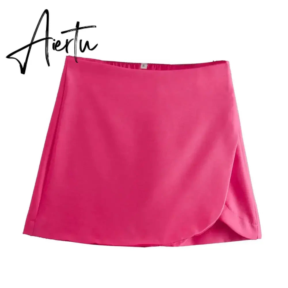 Women Fashion Casual Mini Asymmetrical Skirts Shorts High Waist Back Pockets Wide Leg Skirts Zipper Female Shorts Aiertu