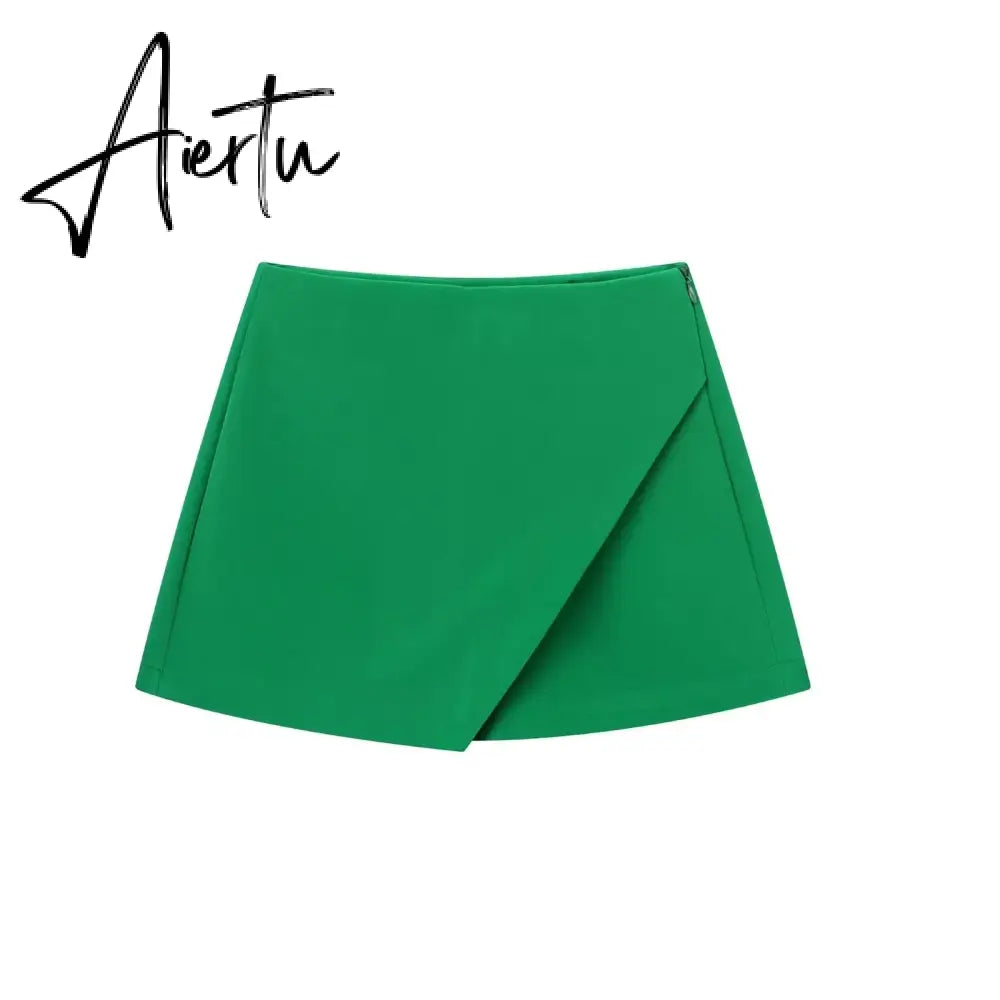 Women Fashion Casual Mini Asymmetrical Skirts Shorts High Waist Back Pockets Wide Leg Skirts Zipper Female Shorts Aiertu