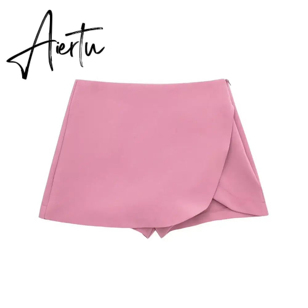 Women Fashion Casual Mini Asymmetrical Skirts Shorts High Waist Back Pockets Wide Leg Skirts Zipper Female Shorts Aiertu