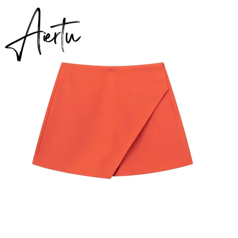 Women Fashion Casual Mini Asymmetrical Skirts Shorts High Waist Back Pockets Wide Leg Skirts Zipper Female Shorts Aiertu