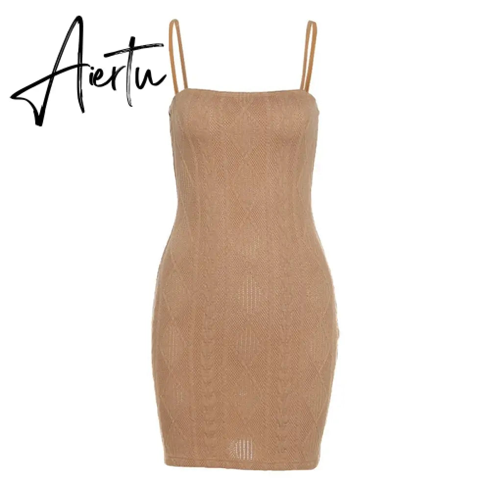 Women Fashion Elegant Streetwear Strap Mini Dress Summer New Solid Green Knit Stretch Slim Office Lady Dresses Aiertu