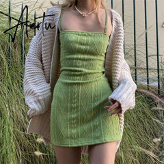 Women Fashion Elegant Streetwear Strap Mini Dress Summer New Solid Green Knit Stretch Slim Office Lady Dresses Aiertu