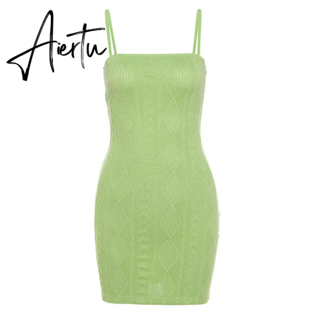 Women Fashion Elegant Streetwear Strap Mini Dress Summer New Solid Green Knit Stretch Slim Office Lady Dresses Aiertu