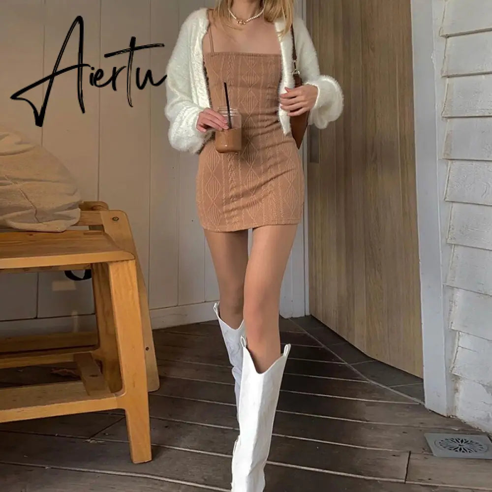 Women Fashion Elegant Streetwear Strap Mini Dress Summer New Solid Green Knit Stretch Slim Office Lady Dresses Aiertu