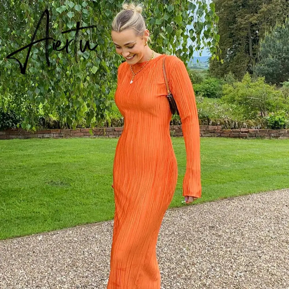 Women Fashion Long Sleeve Streetwear Bodycon Orange Midi Dress  Autumn Clothes Wholesale Items For Business Aiertu