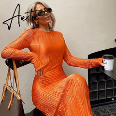 Women Fashion Long Sleeve Streetwear Bodycon Orange Midi Dress  Autumn Clothes Wholesale Items For Business Aiertu