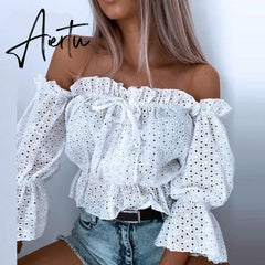 Women Fashion Sexy Off Shoulder Shirt Summer Elegant Hollow Out Lace-Up Tops Office Ladies Casual Solid Simple Shirts Aiertu