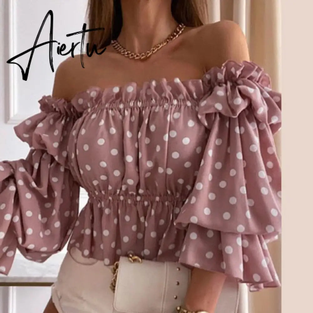 Women Fashion Sexy Off Shoulder Shirt Summer Elegant Hollow Out Lace-Up Tops Office Ladies Casual Solid Simple Shirts Aiertu