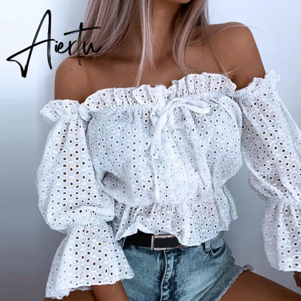 Women Fashion Sexy Off Shoulder Shirt Summer Elegant Hollow Out Lace-Up Tops Office Ladies Casual Solid Simple Shirts Aiertu