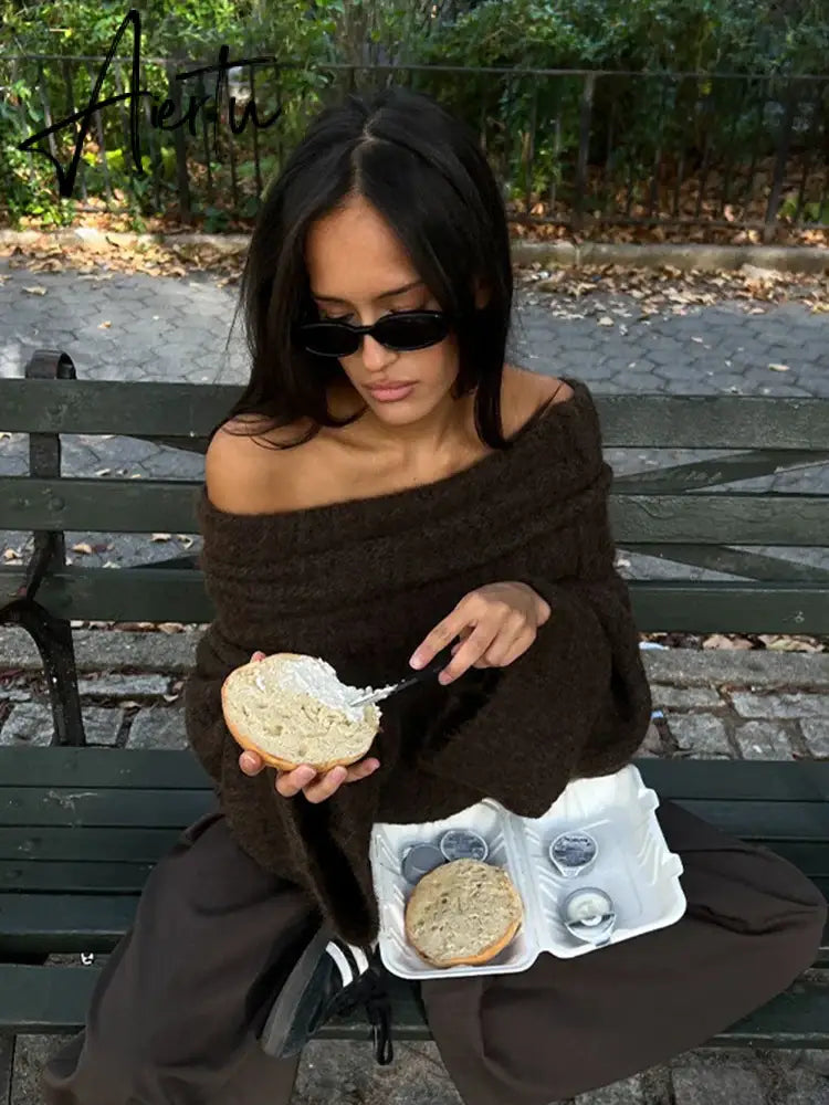 Women Fashion Sexy Solid Off Shoulder Sweater Elegant Chic Slash Neck Long Sleeve Jumper Autumn Ladies High Street Knitwear Aiertu