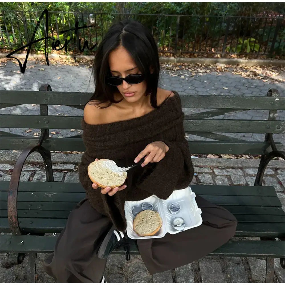 Women Fashion Sexy Solid Off Shoulder Sweater Elegant Chic Slash Neck Long Sleeve Jumper Autumn Ladies High Street Knitwear Aiertu