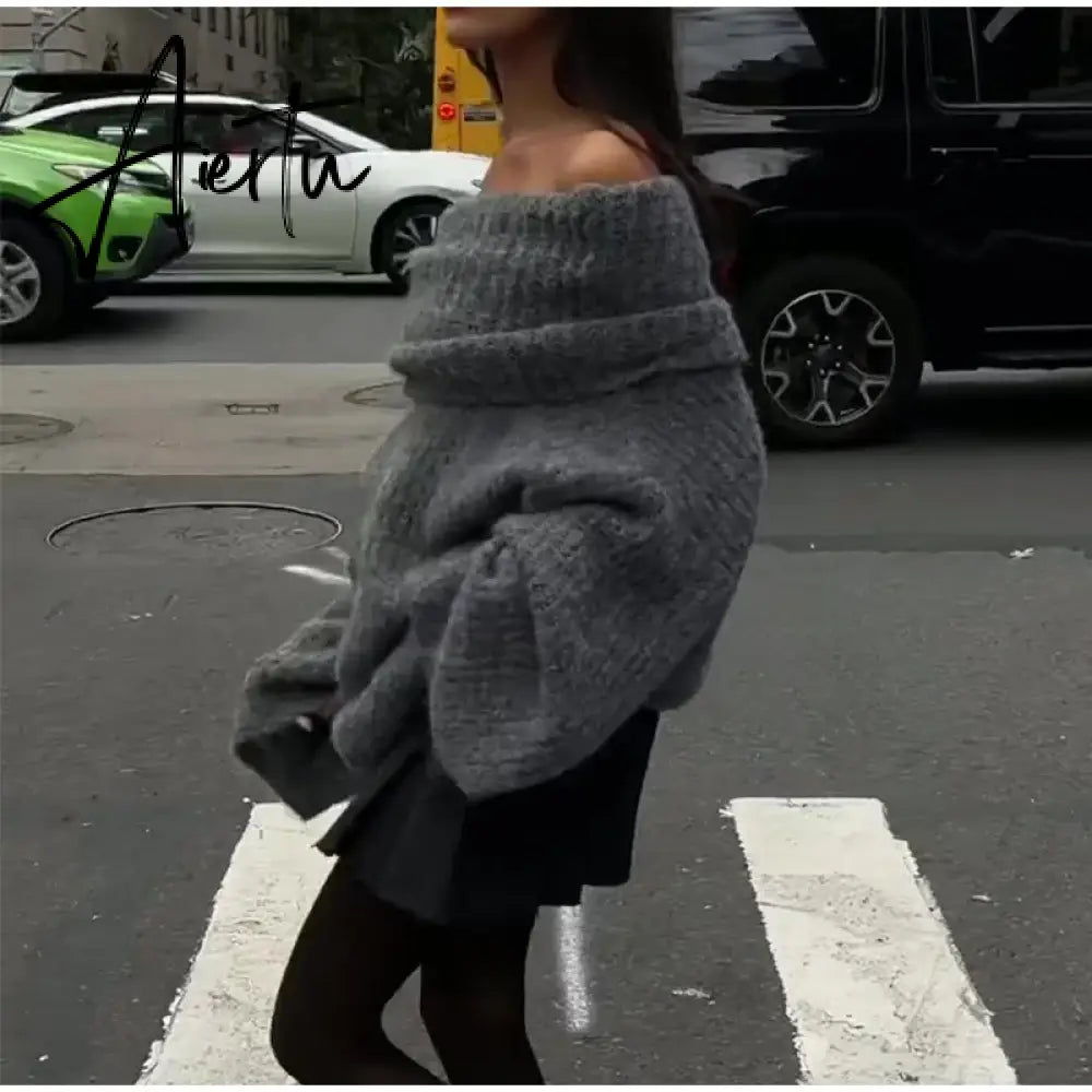 Women Fashion Sexy Solid Off Shoulder Sweater Elegant Chic Slash Neck Long Sleeve Jumper Autumn Ladies High Street Knitwear Aiertu