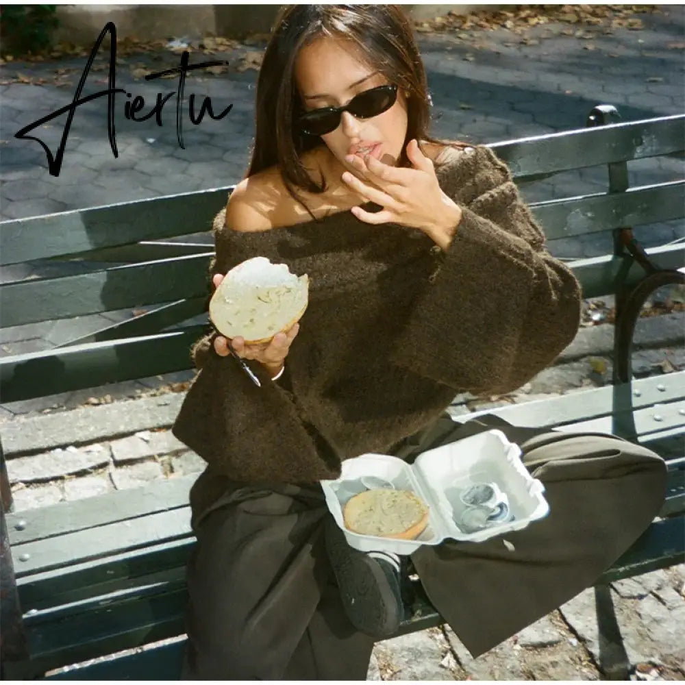 Women Fashion Sexy Solid Off Shoulder Sweater Elegant Chic Slash Neck Long Sleeve Jumper Autumn Ladies High Street Knitwear Aiertu