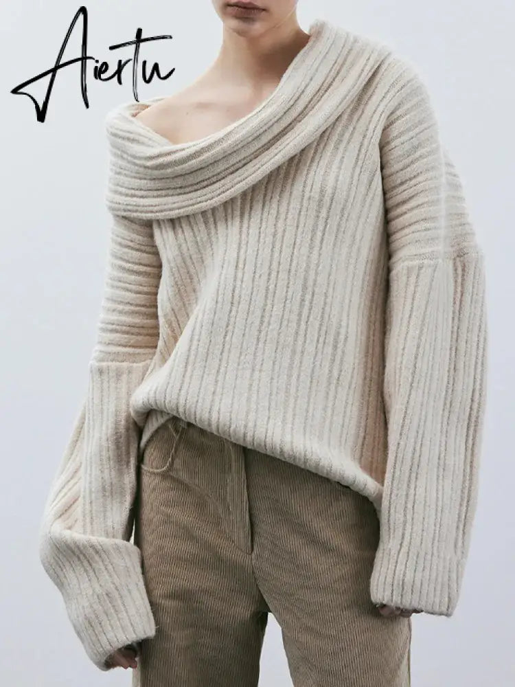 Women Fashion Sexy Solid Off Shoulder Sweater Elegant Chic Slash Neck Long Sleeve Jumper Autumn Ladies High Street Knitwear Aiertu
