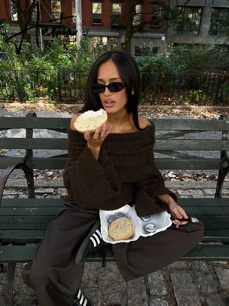 Women Fashion Sexy Solid Off Shoulder Sweater Elegant Chic Slash Neck Long Sleeve Jumper Autumn Ladies High Street Knitwear Aiertu