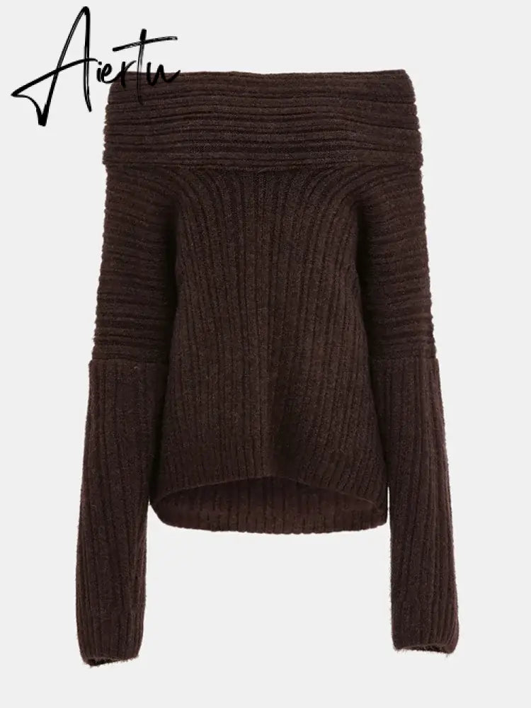Women Fashion Sexy Solid Off Shoulder Sweater Elegant Chic Slash Neck Long Sleeve Jumper Autumn Ladies High Street Knitwear Aiertu