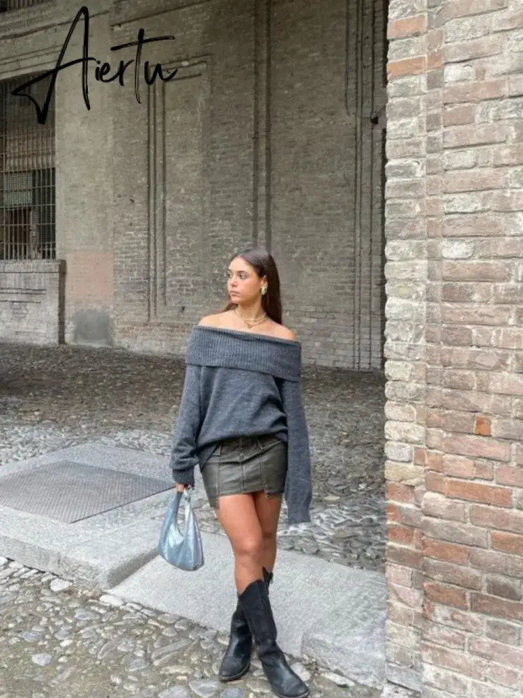 Women Fashion Sexy Solid Off Shoulder Sweater Elegant Chic Slash Neck Long Sleeve Jumper Autumn Ladies High Street Knitwear Aiertu