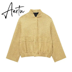 Women Fashion Shiny Sequin Jacket Y2k Gold Color Stand Collar Long Sleeve Short Coat Autumn Winter Ladies High Streetwear Aiertu