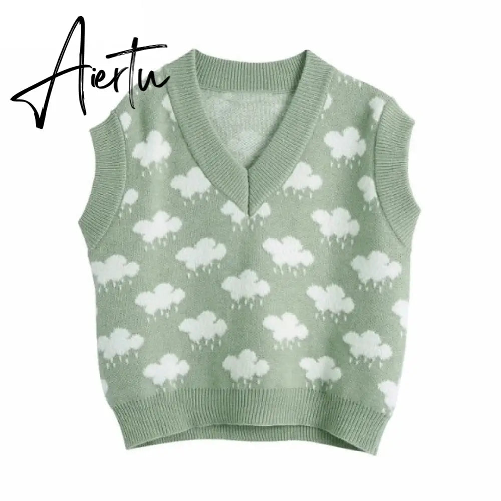Women Fashion V Neck Cloud Pattern Knitting Sweater Female Sleeveless Casual Slim Vest Chic Leisure Pullovers Tops Aiertu