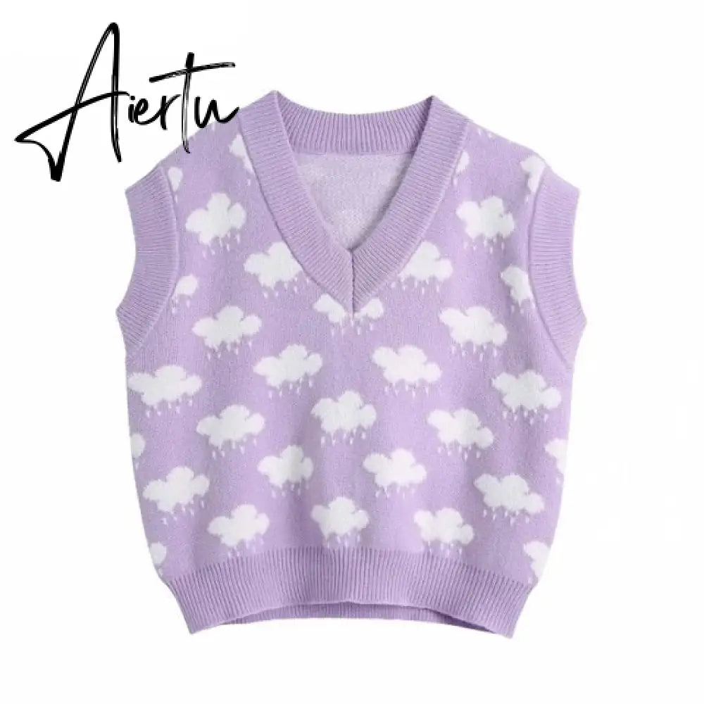 Women Fashion V Neck Cloud Pattern Knitting Sweater Female Sleeveless Casual Slim Vest Chic Leisure Pullovers Tops Aiertu