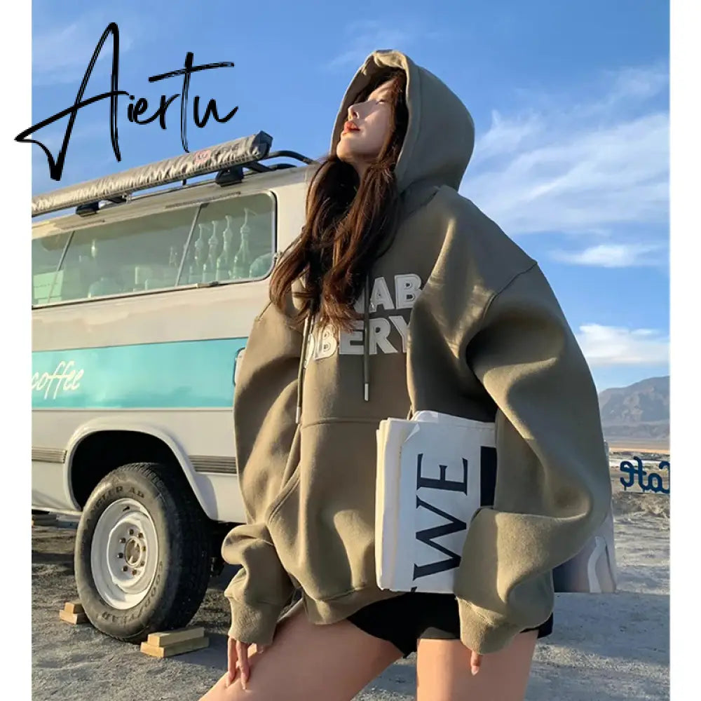 Women Green Hoodie Letter Print Drawstring Sweatshirt  Korean Fashion Hip Hop Leisure Fleece Thicken Winter New Tops Pullover Aiertu