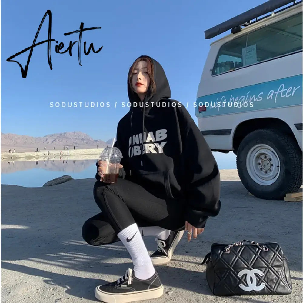 Women Green Hoodie Letter Print Drawstring Sweatshirt  Korean Fashion Hip Hop Leisure Fleece Thicken Winter New Tops Pullover Aiertu