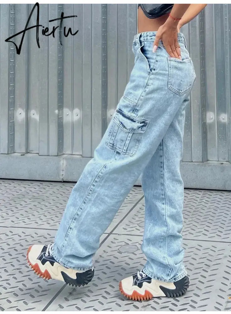 Women High Waist Baggy Jeans Flap Pocket Side Relaxed Fit Straight Wide Leg Cargo Jeans Slim Streetwear Boyfriend Jeans Trousers Aiertu