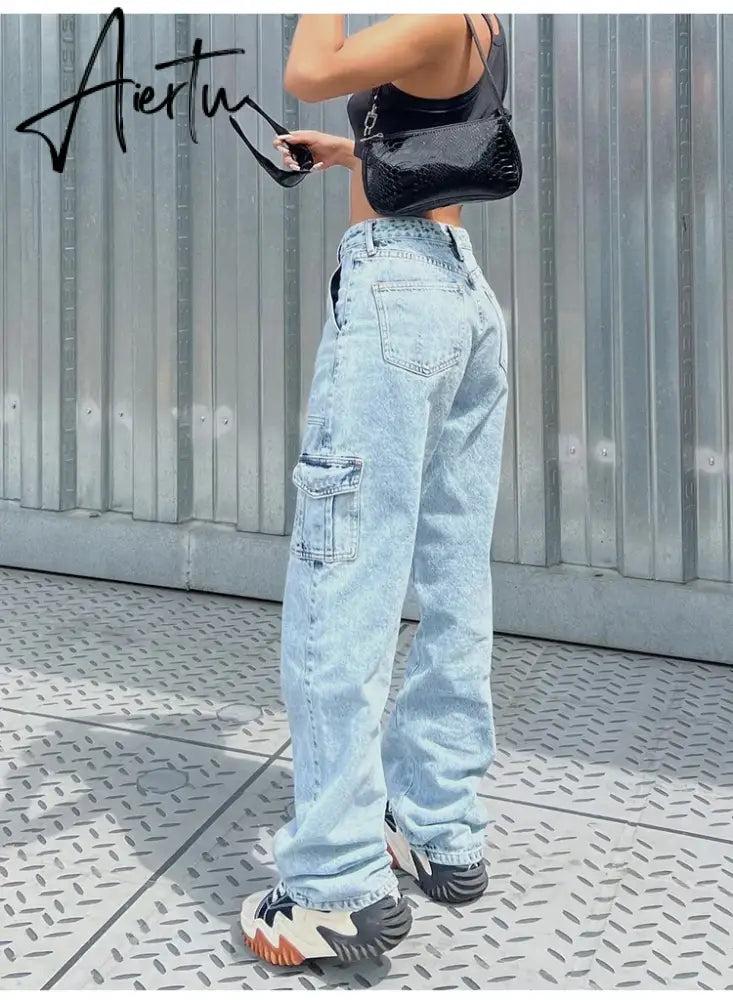 Women High Waist Baggy Jeans Flap Pocket Side Relaxed Fit Straight Wide Leg Cargo Jeans Slim Streetwear Boyfriend Jeans Trousers Aiertu