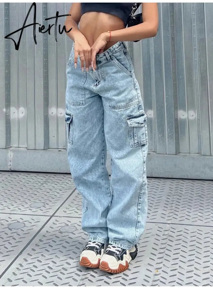 Women High Waist Baggy Jeans Flap Pocket Side Relaxed Fit Straight Wide Leg Cargo Jeans Slim Streetwear Boyfriend Jeans Trousers Aiertu