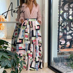 Women High Waist Trouser Set Casual Ladies Long Sleeve Shirts+Wide Leg Pants Suit Fashion Deep V Pattern Print Two Piece Outfits Aiertu