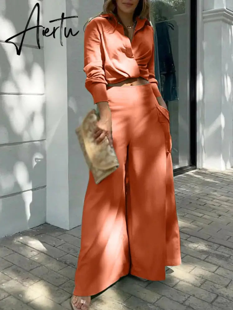 Women High Waist Trouser Set Casual Ladies Long Sleeve Shirts+Wide Leg Pants Suit Fashion Deep V Pattern Print Two Piece Outfits Aiertu