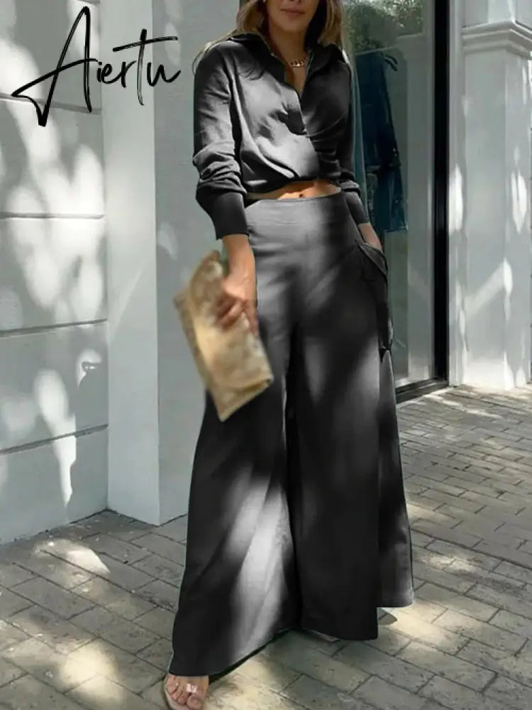 Women High Waist Trouser Set Casual Ladies Long Sleeve Shirts+Wide Leg Pants Suit Fashion Deep V Pattern Print Two Piece Outfits Aiertu
