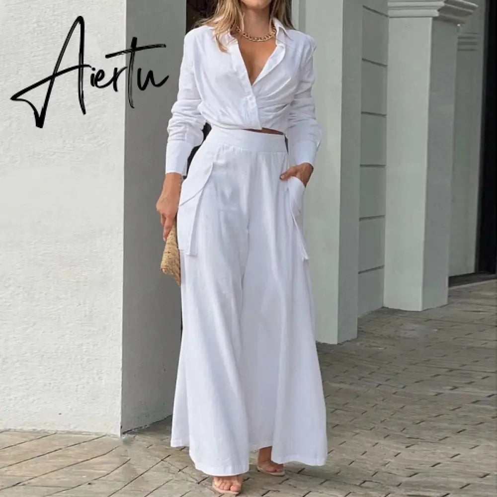 Women High Waist Trouser Set Casual Ladies Long Sleeve Shirts+Wide Leg Pants Suit Fashion Deep V Pattern Print Two Piece Outfits Aiertu