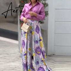 Women High Waist Trouser Set Casual Ladies Long Sleeve Shirts+Wide Leg Pants Suit Fashion Deep V Pattern Print Two Piece Outfits Aiertu