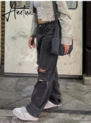 Women Hole Jeans Pants 90s Vintage Baggy Straight Denim Trousers Y2k Clothing High Waist Looes Casual Long Pants Streetwear New Aiertu