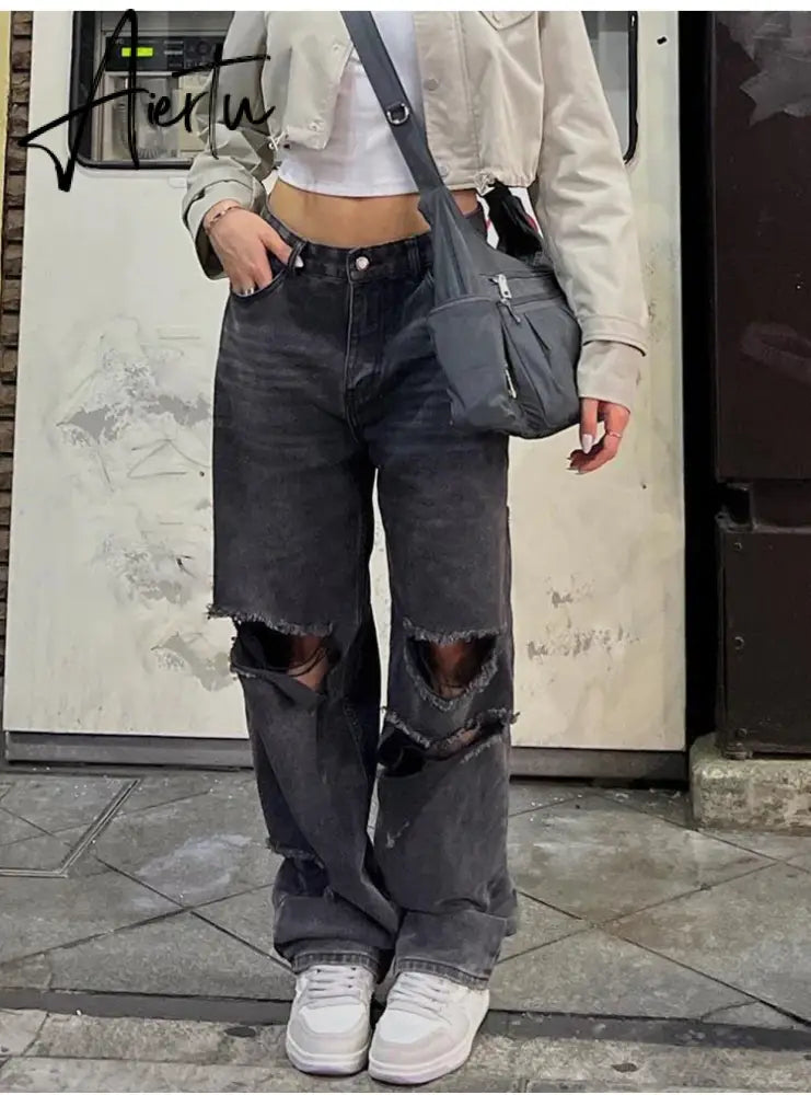 Women Hole Jeans Pants 90s Vintage Baggy Straight Denim Trousers Y2k Clothing High Waist Looes Casual Long Pants Streetwear New Aiertu