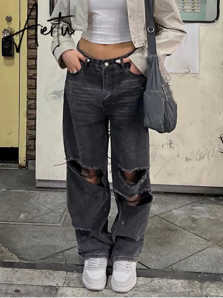 Women Hole Jeans Pants 90s Vintage Baggy Straight Denim Trousers Y2k Clothing High Waist Looes Casual Long Pants Streetwear New Aiertu